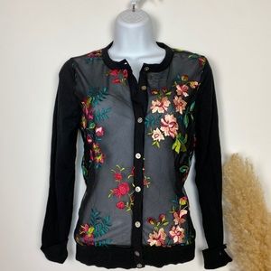Black floral embroidered sweater cardigan